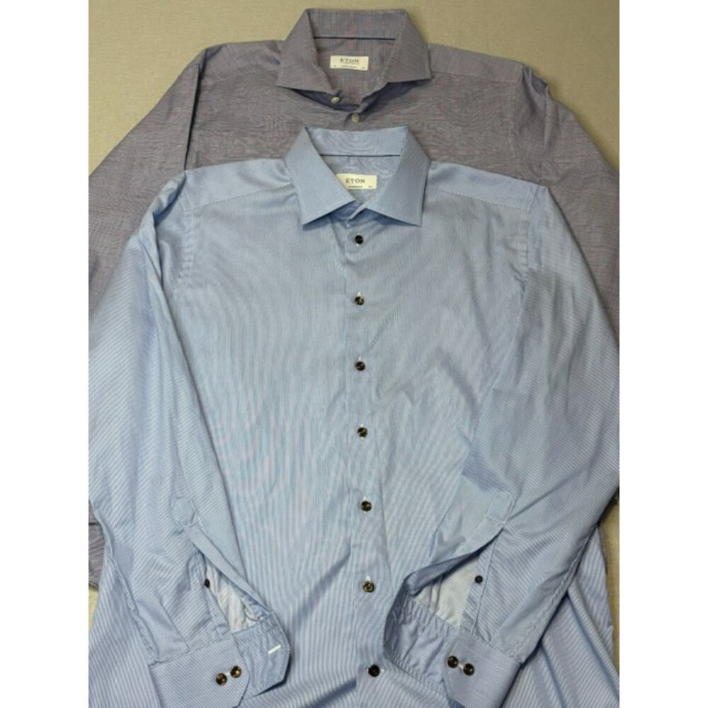2 Men's Eton Long Sleeve Contemporary Dress Shirts 44/17.5 Blue Prints